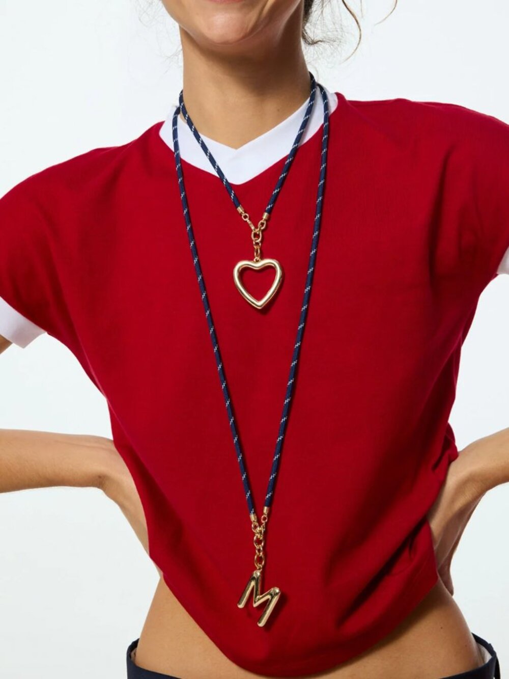 Roxanne Assoulin The Happy Cord Long Big Double Heart Necklace Navy/Red/Cream - Picture 2 of 3